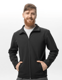 Jachetă SoftShell neagră cu guler și fermuar, combinație rezistentă bumbac–poliester, produsă cu grijă în Moldova de Almam Fashion