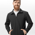 Jachetă SoftShell neagră cu guler și fermuar, combinație rezistentă bumbac–poliester, produsă cu grijă în Moldova de Almam Fashion