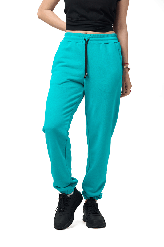 Pantaloni turcoaz pentru femei – model sport cu elastic jos, confortabili și ușor, fabricați în Republica Moldova