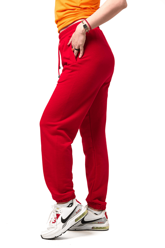 Pantaloni sport roșii pentru femei – cu elastic jos, ideali pentru uniforme sau purtare zilnică, Almam Fashion Moldova