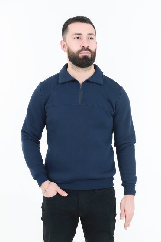 Hanorac 3/4 albastru închis pentru bărbați, din bumbac 100%, cu fermoar pe mijloc și guler – vedere frontală.