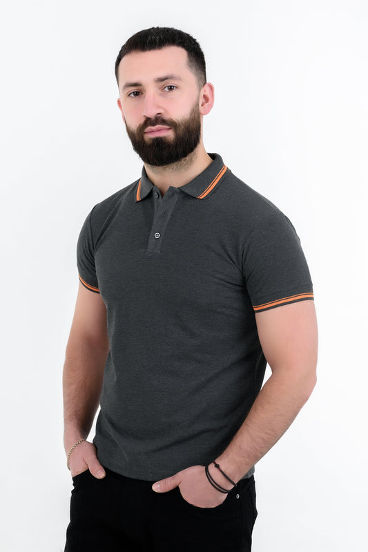 Tricou polo gri & oranj din bumbac 100%, cu manșetă, croială standard
