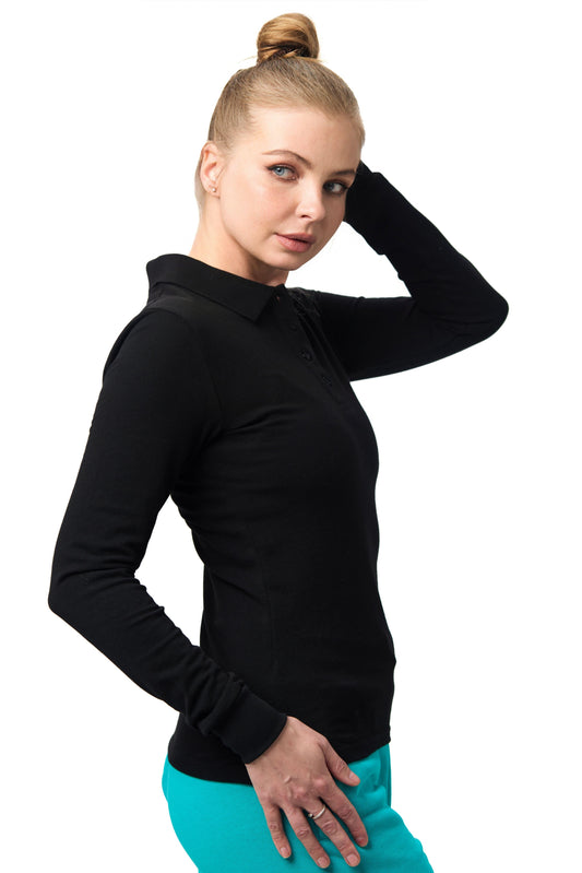 Tricou Polo negru damă cu mânecă lungă – bumbac 100 %, produs local pentru utilizare zilnică sau echipe