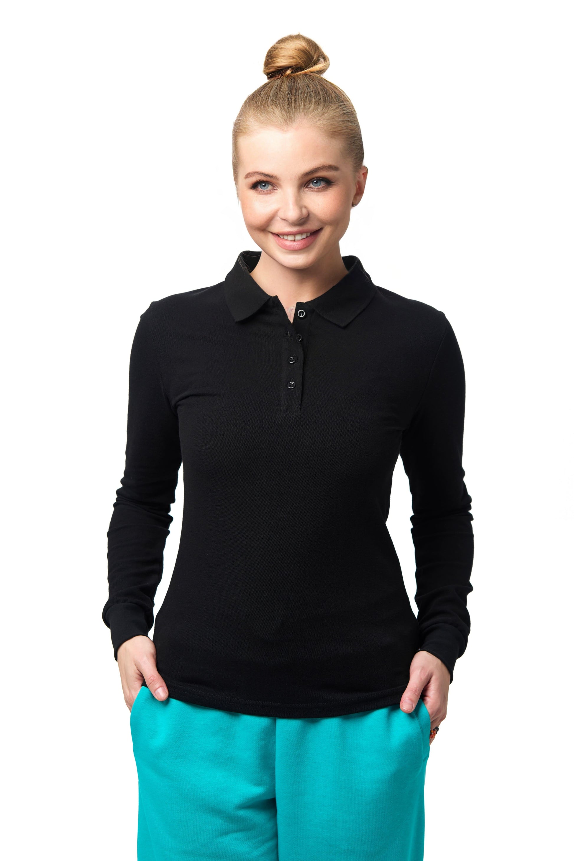 Model negru Polo cu mânecă lungă pentru femei – elegant și practic, ideal pentru imprimare sau broderie