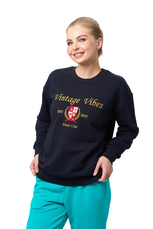 Hanorac Vintage pentru femei albastru închis – bumbac 100 %, cu gât rotund și tiv elastic, produs în Moldova