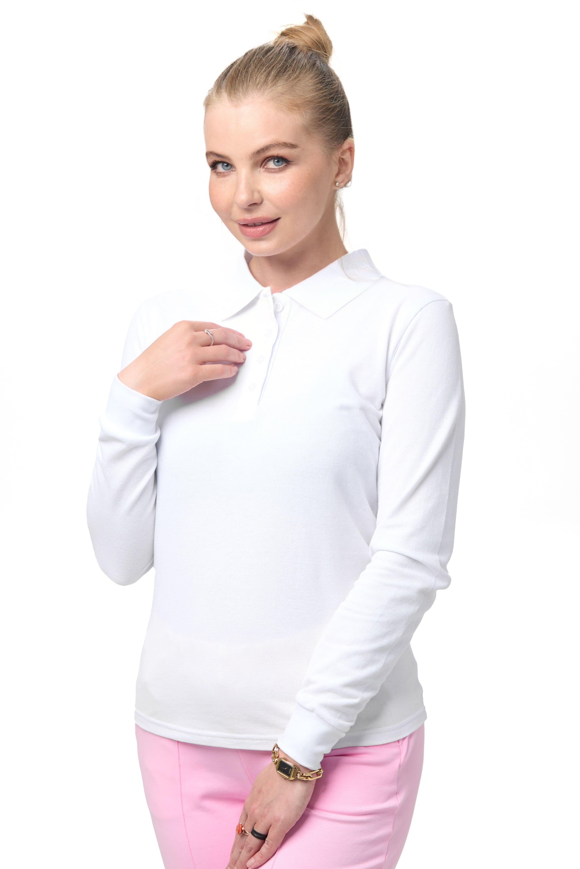 Tricou alb pentru femei – model Polo cu mânecă lungă, confortabil și versatil, perfect pentru angro