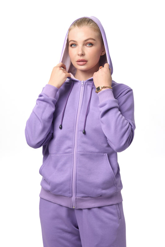 Costum sportiv violet deschis pentru femei din bumbac – hanorac cu glugă și pantaloni cu elastic, Almam Fashion Moldova
