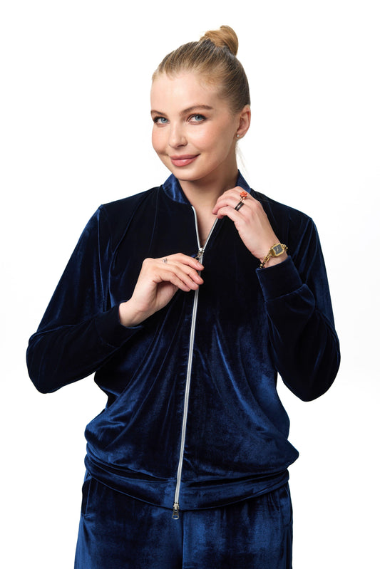 Costum VEL albastru închis – set din velur cu bomber și pantaloni drepți, produs în Republica Moldova