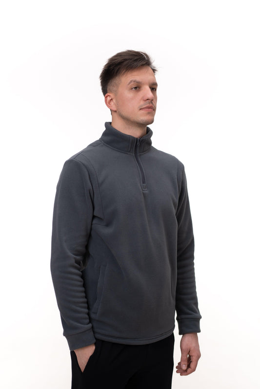 Hanorac Fliss Sport gri închis Almam Fashion, cu guleraș și fermuar – perfect pentru echipe și activități sportive.
