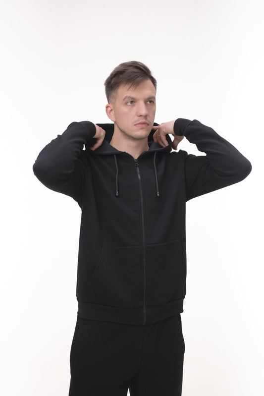Hanorac cu glugă și fermuar negru pentru bărbați, din bumbac 100% – vedere frontală.