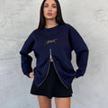  Hanorac oversize cu leopard pentru femei, albastru închis, croială relaxată, ideal pentru sezonul rece.