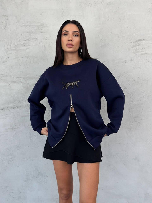  Hanorac oversize cu leopard pentru femei, albastru închis, croială relaxată, ideal pentru sezonul rece.