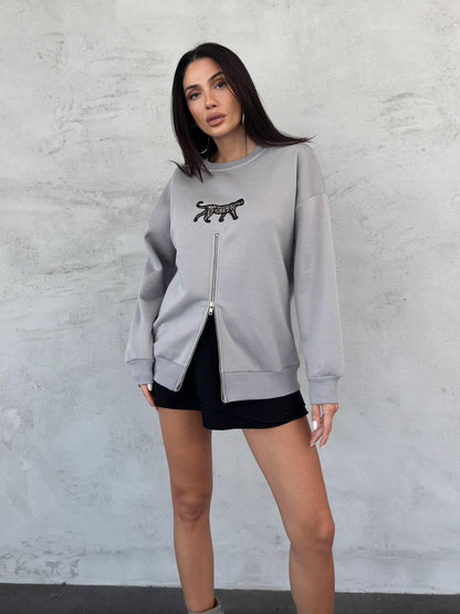Hanorac oversize cu fermoar pentru femei, gri deschis, cu print de leopard din, material natural, perfect pentru confort zilnic.